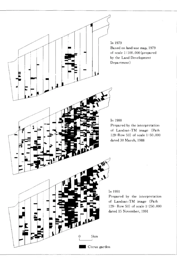 Fig. 5 Changes in Spatial Distribution of Citrus Gardens in the Study Area