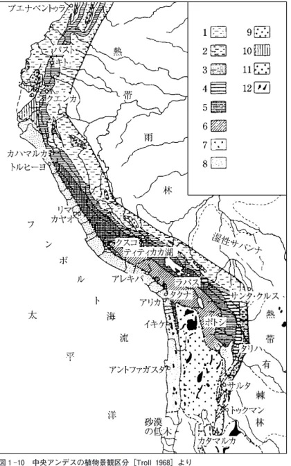図 1 ‑10 中央アンデスの植物景観区分［Troll 1968］より 1 ：熱帯雨林と山地林 2 ：亜熱帯季節林と落葉亜熱帯山地林 3 ：パラモ（熱帯湿潤草原） 4 ：亜熱帯山地草原 5 ：湿潤プナ 6 ：乾燥プナ 7 ：砂漠プナ（アタカマ高地） 8 ：アタカマ砂漠 9 ：熱帯降雨林のなかのサバンナ 10：有棘サバンナ 11：湿性サバンナ 12：塩湖／サラール