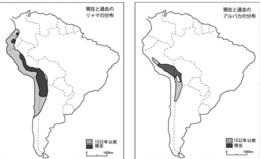 図 2 ‑ 2  リャマおよびアルパカの分布［Novoa  and  Wheeler 1984］