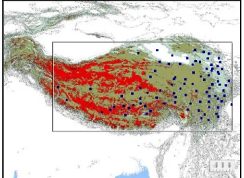 Fig. 1 Topography and location of the meteorological stations  (black points and circles, the area of the square  (80.08ºE  -103.57ºE, 26.87-38.8ºN) was used for gridding)