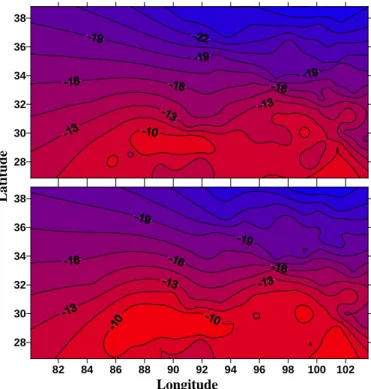 Fig. 10 Distributions of air temperature adjusted by the linear  model to 4800m in July (up: mean of 1956-1980; down: mean of  1981-2005) 