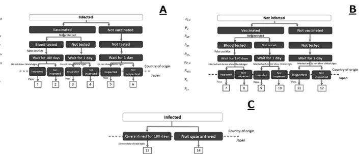 Fig. 1.  Scenario trees showing the 14 risk pathways of rabies entry into Japan