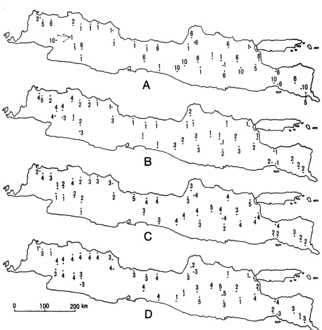 Fig. 10 Map ofJava, Indonesia, showing Distribution of Samples in Terms of Soil Material and Fertility Characteristics.