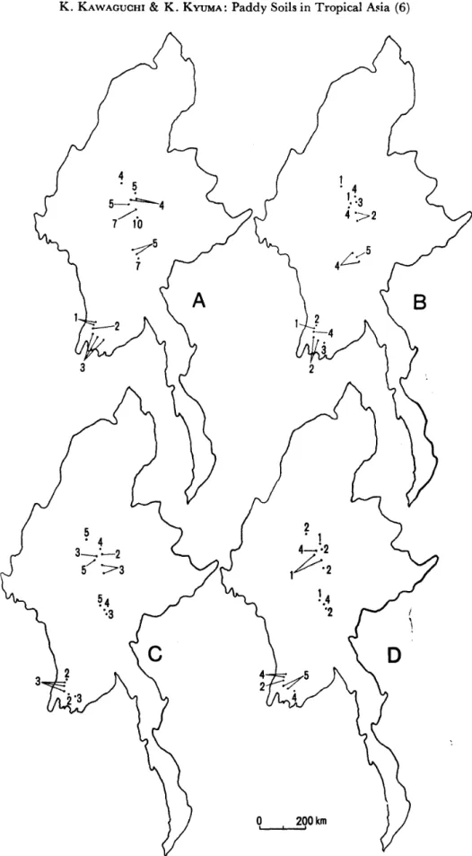 Fig. 4 Map of Burma, showing Distribution of Samples in Terms of Soil Material and Fertility Characteristics.
