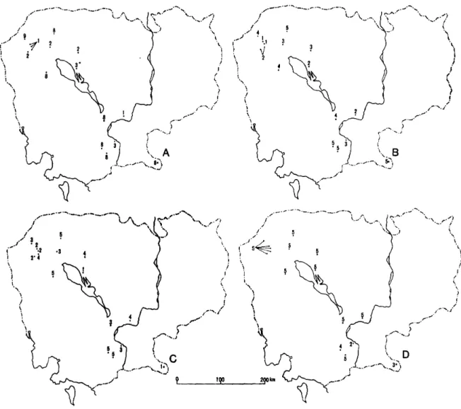 Fig. 6 Map of Cambodia, showing Distribution of Samples in Terms of Soil Material and Fertility Characteristics.
