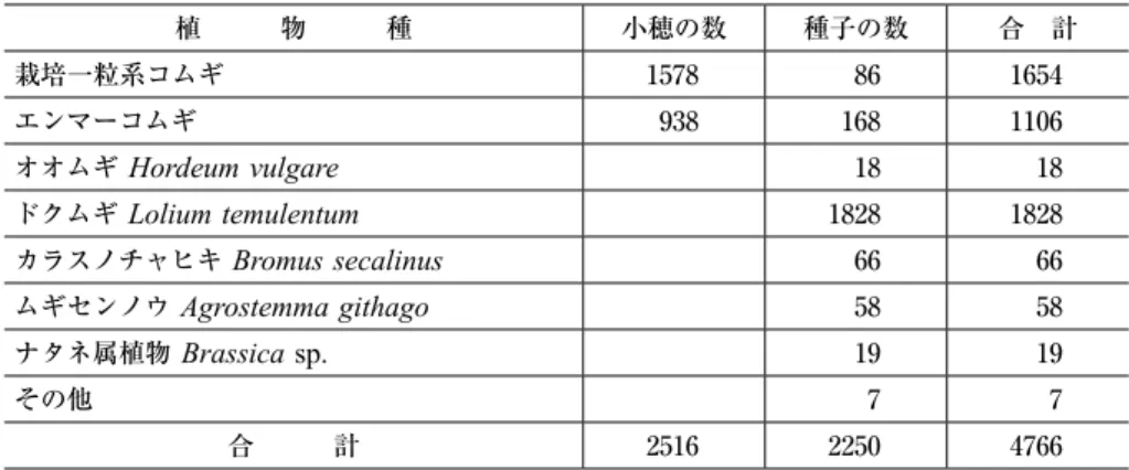 表 3 　ボスニア・ヘルツェゴビナのソビチ村で農家から分けてもらったピールのサンプル 1 袋に含まれてい た植物の種類と頻度 植　　　物　　　種 小穂の数 種子の数 合　計 栽培一粒系コムギ 1578 86 1654 エンマーコムギ 938 168 1106 オオムギ  Hordeum vulgare 18 18 ドクムギ  Lolium temulentum 1828 1828 カラスノチャヒキ Bromus secalinus 66 66 ムギセンノウ  Agrostemma githago 58 58