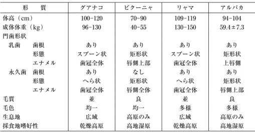 表 1 　南米ラクダ科動物 4 種の特徴 形　　質 グアナコ ビクーニャ リャマ アルパカ 体高（ cm ） 100－120 70－90 109－119 94－104 成体体重（ kg ） 96－130 40－55 130－150 59 