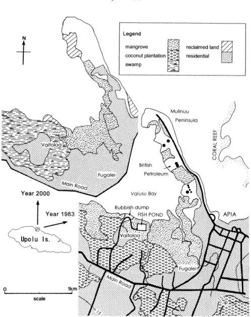 Figure  3.  Mangrove  distribution  in  the  study  areas  of  Vaitoloa  and  Fugalei,  Upolu  Island,  Samoa  in  1983  and  2000.