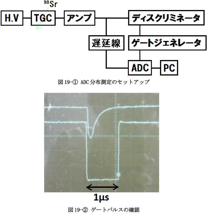 図 19-① ADC 分布測定のセットアップ 図 19-② ゲートパルスの確認   まず、H.V を 2.90 kV に固定して、スレッショルドを-10 mV〜-50 mV まで 5 mV 刻みで 変化させたときの ADC 分布の変化のようすを測定した。ガスは CO 2 、線源は 90 S r で ある。図 20 はスレッショルドの大きさが 10 m、20 mV、30 mV、40 mV、50 mV のときの ADC 分布である。横軸は積分電荷量（pC）、縦軸がその積分電荷量の信号の数となってい る。また、横