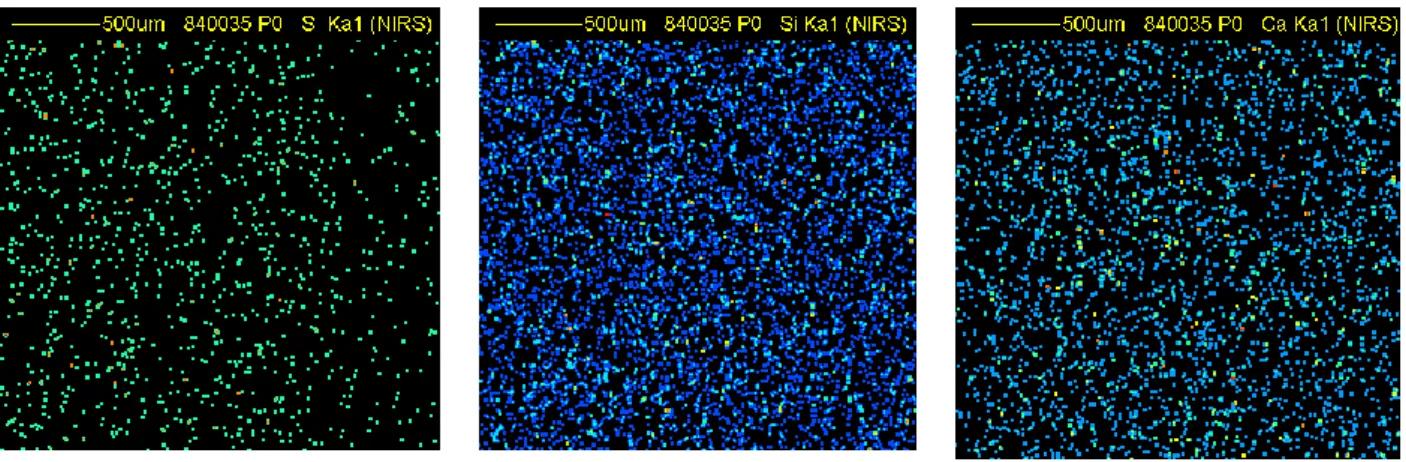 図 1  NIST 大気エアロゾル粒子標準試料の S，Si，Ca の元素マップ 