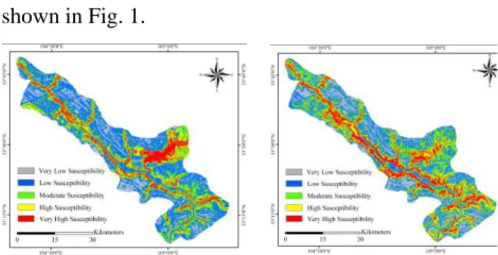 Fig. 1 landslide susceptibility maps for two scenarios by LR 