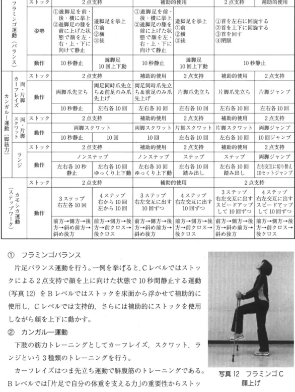 表 1 パワー・ストック・エクササイズの内容 分 類 リコンディション C ベーシ ック B 目的／対象 ロコモ改善＆後期高齢者 ロコモ予防 難 易 度 レ ノ ミ j レ I Cl  レベル 2 C2  レベル 3 Bl  レ f て J レ 4 B2  フ スト ック 2 点支持 補助的使用 フ 、 、、 、 ① 遊 脚 足 を 前 ① 遊脚足を前・ ン 後 横 に 挙 上 遊脚足を挙上 後－横に挙上 遊脚足を挙上 ゴ ② 遊脚足の膝を ① 前 ② 遊脚足の膝を ①前 運動 姿 勢 前に上げた状 前に上