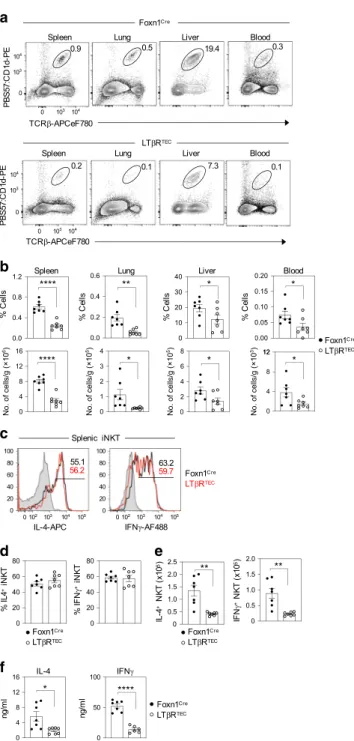 Fig. 8 LT β R expression by thymic epithelium determines peripheral iNKT-pool size. a indicated that tissues from control Foxn1 Cre and LT β R TEC mice were analysed for iNKT cell frequencies by ﬂ ow cytometry