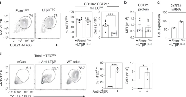 Fig. 3 Impaired production Of CD104 + CCL21 + mTEC low In LT β R TEC mice. a mTEC low from Foxn1 Cre and LT β R TEC mice, analysed for surface expression of CD104 and intracellular expression of CCL21