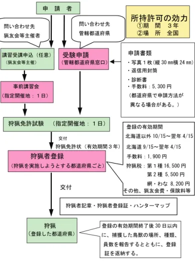 図 2.1  狩猟免許状と狩猟者登録の申請手続き  （初めての場合） 交付受験申請（管轄都道府県窓口）申  請  者事前講習会（指定開催地：１日）狩猟免許試験（指定開催地：１日）狩猟（登録した都道府県）講習受講申込（任意）（猟友会等主催） 申請書類 ・写真１枚(縦 30 ㎜横 24 ㎜）・返信用封筒異なる場合がある。）・診断書・手数料：5,300 円狩猟免許状（有効期間３年）登録の有効期間終了後 30 日以内に、捕獲した鳥獣の場所、種類、員数を報告するとともに、登録所持許可の効力①期 間  ３年 ②場 所 