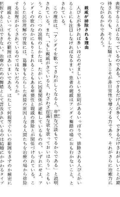表 現 す る こ とぽ と な って いる の であ る︒ でき る だ け 人 が 多 く︑ でき る だ け さ わ が し い こと が 期待されるのも︑そうした騒々しさこそが非日常性を増大する力であり︑それがさらに治癒力 につながるからであろう︒ 親戚が排除される理由 人びとが多けれぽ多いほどのぞましいという原則があるいっぽうで︑排除される人びとが いることにも注目しなければなるまい︒患者の親戚はアンダイ舞踏の場におもむかないこと︑とされている︒                        ひ 