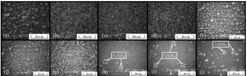 Fig. 10 に FeCrAl (Standard, FZ, 0.5Pd, 0.5Pt, 0.01Y–0.5Y) 合金の酸素中 1473 K, 18 ks 間酸化により形成したスケー ルの表面形態を示す。Standard 合金のスケール表面は起 伏のある形態を示し，FZ, 0.5Pd および 0.5Pt 合金のそれ は平滑であった。Y 添加合金のスケール表面は Y 添加量 の増加とともに起伏のある形態から平滑な形態へと変化 し ， 0.1Y, 0.2Y お よ び 0.5Y 合 金 表 面 は 平 滑 で