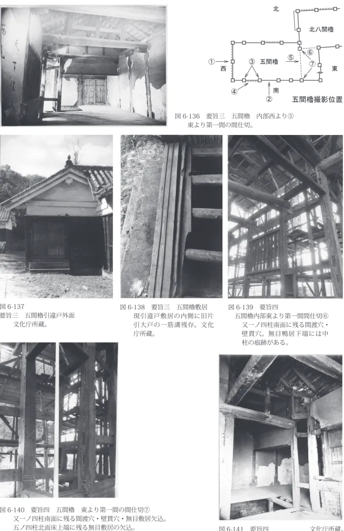 図 6-136　要旨三　五間櫓　内部西より⑤ 　　東より第一間の間仕切。 図 6-138　要旨三　五間櫓敷居 現引違戸敷居の内側に旧片 引大戸の一筋溝残存。文化 庁所蔵。図 6-137要旨三　五間櫓引違戸外面文化庁所蔵。 図 6-139　要旨四 　五間櫓内部東より第一間間仕切⑥ 又一ノ四柱南面に残る間渡穴・壁貫穴。無目鴨居下端には中 柱の痕跡がある。③ ⑦⑥西北 北八間櫓 東南①②五間櫓⑤④ 五間櫓撮影位置 図 6-140　要旨四　五間櫓　東より第一間の間仕切⑦ 又一ノ四柱南面に残る間渡穴・壁貫穴・無目敷居