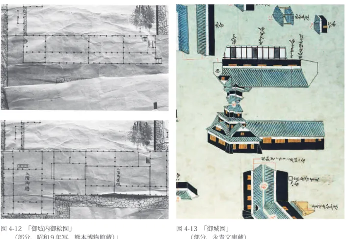 図 4-12　「御城内御絵図」 （部分、昭和９年写、熊本博物館蔵）」  調査として発掘調査が行われ、その遺構が確認されている。 今回の調査は、二階御広間の復原資料を得るために、前回の調査の再確認と前回未発掘であった数寄屋 丸南辺城内側石垣に接する部分の調査を主として行った。 当初の遺構として石垣根石、礎石、雨落溝が確認され、明治時代と推定される遺構として、集石（礎石 込め石）、雨落溝、排水溝等が確認された。当初の遺構は、石垣きわ及び二階御広間北側によく遺存し、 建物の中心部は後世の攪乱が大きかった。 この状