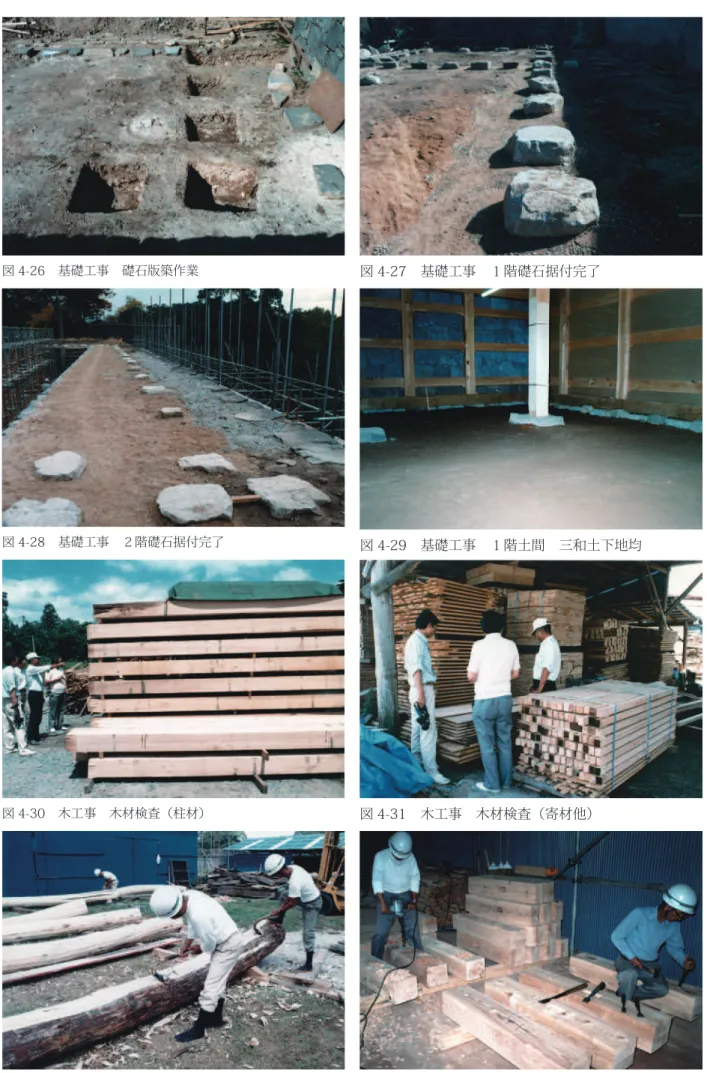 図 4-27　基礎工事　１階礎石据付完了図 4-26　基礎工事　礎石版築作業 図 4-28　基礎工事　２階礎石据付完了 図 4-29　基礎工事　１階土間　三和土下地均 図 4-31　木工事　木材検査（寄材他）図 4-30　木工事　木材検査（柱材） 図 4-33　木工事　肘木加工図 4-32　木工事　梁チョウナ掛