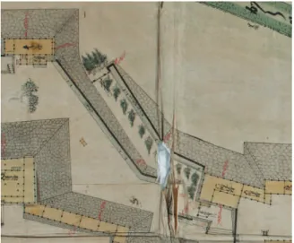 図 3-28　「肥後国熊本城廻普請仕度所絵図」（部分） 図 3-29　御城内御絵図（部分）によって塀が撤去されていることが知られる18） 。なお、明治期の古写真では「御城内御絵図」に描かれていた樹木は確認できず、これ以前に伐採されたものとみえる。（２）石垣 先述されているように、不開門と当該坂道は加藤期には出来上がっており、細川忠利の入国後に坂道の北側に附いた石塁上に塀や坂道下に薬医門か棟門と見られる門が付加されている。恐らく塀には狭間が開けられ新しく設けた坂道下の門での監視が追加されたのであろう。すなわち