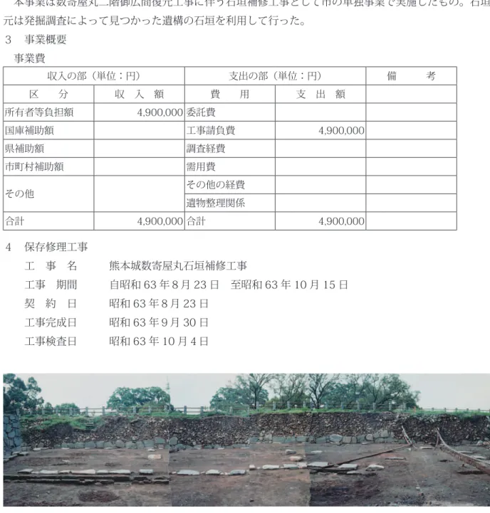図 3-67　着工前 が露出する斜面となっていた。以下、工事図面及び工事写真を参考に石垣の概要を述べる。 当該石垣は三階門の地蔵門の南に張り出た外枡形を構成する石垣で、大広間部分の床下は穴蔵状の空間の一階のため外周は石塁となっていた。推定される石塁幅は４m 前後で二間に相当する。この石塁の東側には穴蔵から上る８段の石段があり、地蔵門三階と接続する櫓台となっていた。一方、石塁西側には五階櫓台の入口階段があり、ここから北折して数寄屋丸西側の石塁となっていた。今次の事業は、先述の東石段から五階櫓の石段までの撤去さ