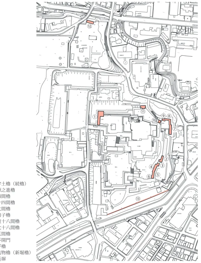 図 2-4　熊本城の重要文化財建造物 ⑫ ⑪ ⑦⑩②③④⑤⑥⑬①⑨ ⑧①　宇土櫓（続櫓）②　源之進櫓③　四間櫓④　十四間櫓⑤　七間櫓⑥　田子櫓⑦　東十八間櫓⑧　北十八間櫓⑨　五間櫓⑩　不開門⑪　平櫓⑫　監物櫓（新堀櫓）⑬　長塀第５項　重要文化財建造物修理状況 熊本城に存在する 13 棟の重要文化財建造物は、古いもので江戸中期以降には修理若しくは改築等が行われていることが、棟札などより確認されている。陸軍所管時代には、明治 17 年に宇土櫓と監物櫓が改修されたという記録がある。昭和 20 年～ 30 年代には
