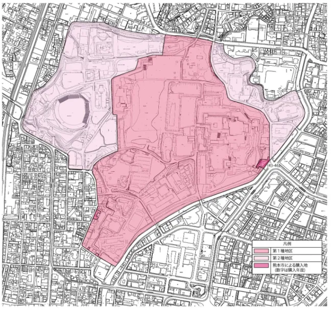 図 2-6　第一種地区・第二種地区区分並びに民有地購入状況 明専寺坪井一丁目 P14.8往生寺 PP 正福寺真浄寺P15.1P15.3宗岳寺P14.7P P P13.812.5中央区PPP12.8PP13.412.5蚕糸会館PPPP12.9 上通郵上通町PPP12.712.8PP14.113.913.913.9京町一丁目商工会館熊本県パレア願正寺県営駐車場水道町電停P14.2PPP14.8（工事中）14.1銀座橋P銀座橋水位流量観測所（工事中）熊本山鹿自転車道線9.7P11.012.59.512.412.3