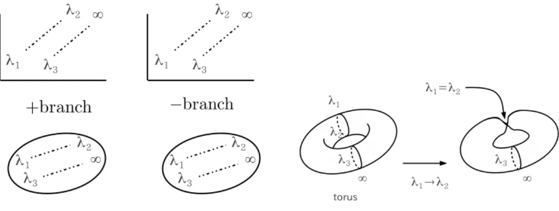 図 5.2: branch の図とそれを張り合わせて作られるトーラス λ 2 、 λ 3 で展開して、 y 2 =x 3 + f x + g (5.2) =(x − λ 1 )(x − λ 2 )(x − λ 3 )