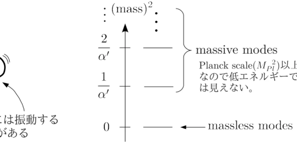 図 1.1: string が振動している様子。 図 1.2: superstring の振動から現れる mass spectrum 。 は見えるはずがないので、ストリング理論や F-Theory で大統一理論を考えたいような場合には、