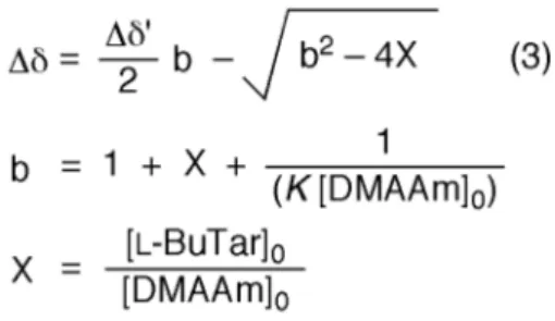 Figure 7 shows the relationship between the change in the  13 C NMR chemical shift of the  methylene carbon of DMAAm and [ L -BuTar] 0 /[DMAAm] 0  ratio at constant [DMAAm] 0