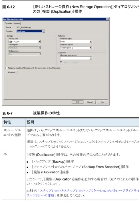 図 6-12 ［新しいストレージ操作 (New Storage Operation)］ダイアログボック スの［複製 (Duplication)］操作 表 6-7 複製操作の特性 説明特性 選択は、バックアップストレージユニットまたはバックアップストレージユニットグルー プである必要があります。 選択は、スナップショットのストレージユニットまたはスナップショットのストレージユ ニットグループではいけません。ストレージユニットの選択 ［複製 (Duplication)］操作は、次の操作の子になることができます。