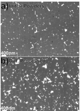 図 1  250 nm の微結晶から構成される Nd-Fe-B 系 HDDR 磁粉の走査電子顕微鏡像。(a) は拡散処理前の保磁力 16 kOe の磁石、(b)は Nd-Cu 合金の拡散処理後の保磁力 19.6 kOe の磁石の組織。(b)では暗く観察されている磁石の結晶が明るく観察される Nd の濃化し た相により分断されている。 