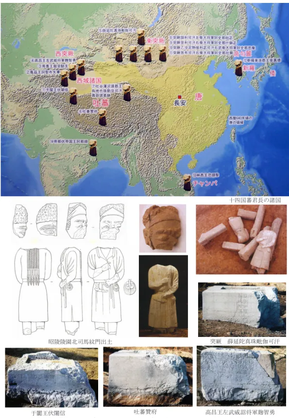 図 22　十四国蕃君長と昭陵北司馬門跡出土石像と碑石 〔張建林 2006　橿原考古学研究所 2010〕于闐王伏闍信 突厥　薛延陀真珠毗伽可汗高昌王左武威詔将軍麹智勇吐蕃贊府昭陵陵園北司馬紋門出土 ―　33　―