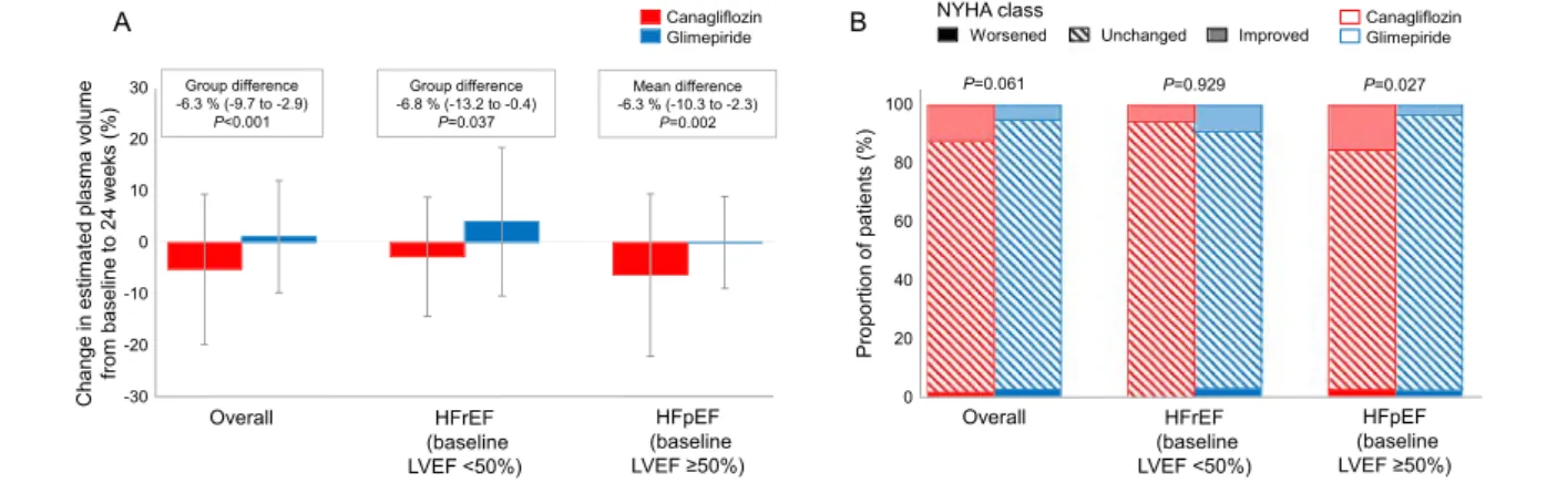 Figure 4 Changes in ePV and NYHA Class. (A) Percentage changes in ePV between baseline and 24 weeks, calculated by the Strauss formula and the group differences (canagli ﬂ ozin vs