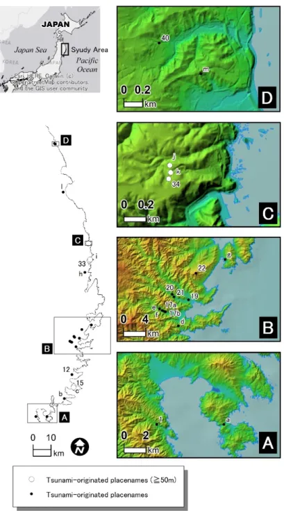 Figure 1. Map of tsunami-originated placenames. IDs in the map correspond to those in the list of  placenames in Table 1