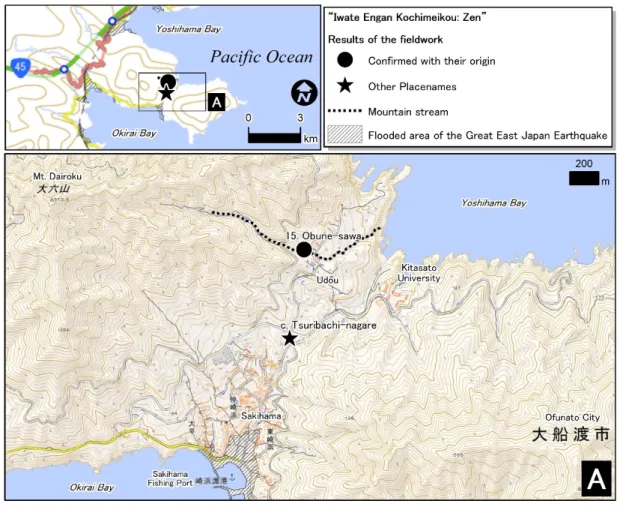 Figure 3. Map of Sakihama, Ofunato City. (Background: GSI Electronic Topographic map 25000)