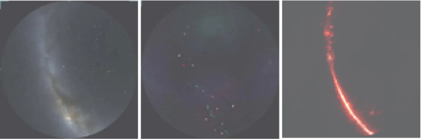 図 5:  製作したプラネタリウム番組の一部から（ドームマスターフォーマット） ．左から，可視光，X  線（MAXI/SSC） ，赤外線（あかり）