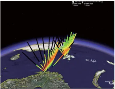 図 4 Dagik 用 EISCAT 電子密度データ（kmz 形式）を Google Earth 上で用いた表示例