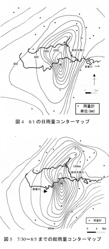 図 4 8/1 の日雨量コンターマップ 図 5 7/30 〜 8/5 までの総雨量コンターマップ 土壌雨量指数の解析 土壌雨量指数は，全国を数 km の格子（ 2004 年 は約 5km 四方）ごとに区切り，解析雨量を降雨 の入力値とし，土層から岩盤にかけての浸透と流 出を， 3 段のタンクモデルで表現したものであり， 雨量計の実測値から求めることもできる（岡田，2000）．海川雨量計の実測値から求めた土壌雨量指数の時間変化（7/31の0時〜8/3の24時）を図6に示す．海川では，8/1午後の豪雨で値が増加