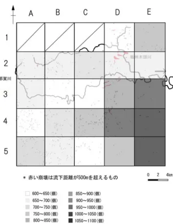 図 12 崩壊分布図と谷頭数の重ね合わせ 崩壊分布図と谷頭数データを重ね合わせると， 流下距離が 500m を超える崩壊は，谷頭数が 600 〜 1,000 個程度のメッシュで発生した（図 12 ）． 崩壊が群発した南西部では谷頭数が 600 〜 750 個 程度であった．一方，崩壊数が最小の E2 は 698 個であるが，崩壊数が一桁となった E5 と E4 は 1,000 以上と比較的多い．谷頭数が 1,000 個を超 える E5 ， E4 では 10 個未満と少なく， D4 でも 31 個となった． 