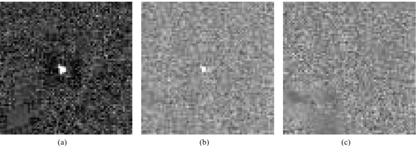 Figure 9: Difference between an average (or sum) image and a median image. (a) Part of one raw  image, with a cosmic-ray effect in the center