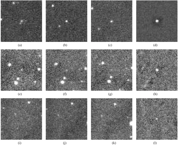 Figure 11: Three asteroids detected in a test observation. (a)-(c) and (d) are raw images of asteroid 18564 (18.7 mag) and the  final image of the algorithm, respectively