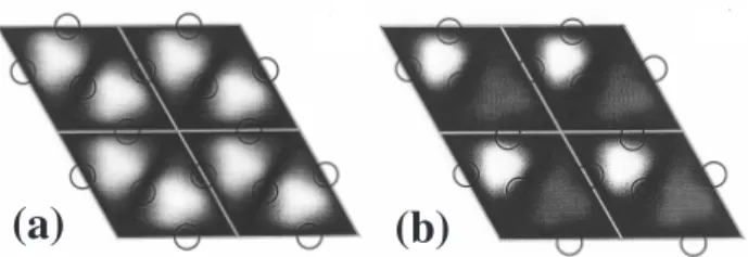 Figure 1  STM images for a HCT (honeycomb chained triangle) model  (a), and an IET(inequivalent triangle) model (b) in the Si(111)