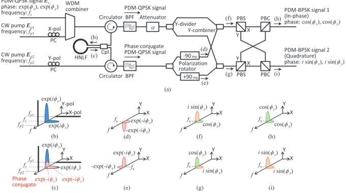 Fig. 1. Schematic diagram of the proposed all-optical wavelength preserved modulation format conversion from PDM-QPSK to PDM-BPSK, (a) system configuration and (b)-(f) signal spectra at each point indicated in (a).