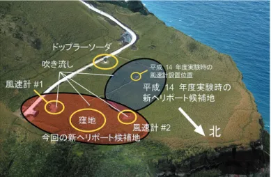 図 3.2 新ヘリポート候補地と地上風計測装置の設置位置