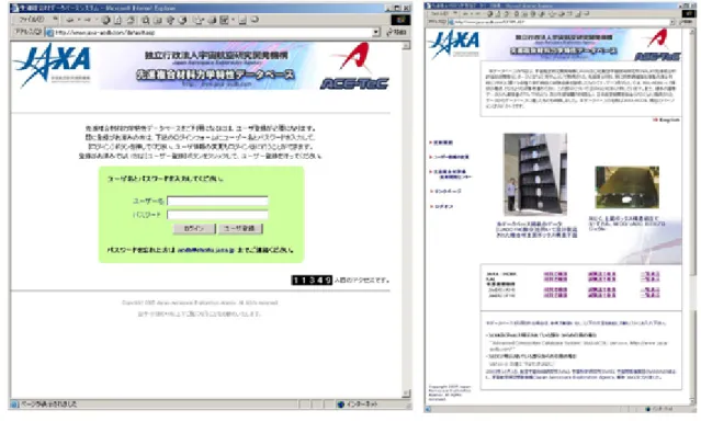 図 3   JAXA-ACDB のログイン画面（左上）とログイン後トップ画面（右） 