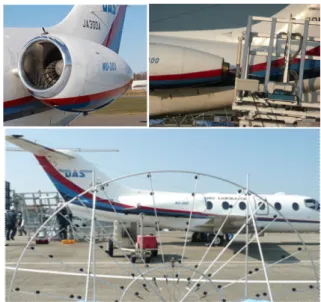 Fig. 4  Engine test using a low-bypass-ratio turbofan  engine installed on jet plane. Top left : the tested engine  (JT15D), top right : a pressure rake and the traversing  system placed behind the engine