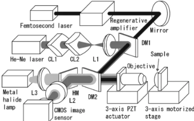 Fig. 1 Experimental setup. Cylindrical lens : CL1 (f = 200 mm),  CL2 (f = 200 mm), Lens : L1 (f = 200 mm), L2 (f = 300 mm),  L3 (f = 50 mm), Dichroic mirror: DM1, DM2, Half Mirror: HM