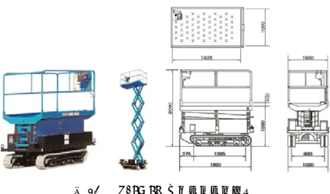 図 12 RX07B 7M クローラーリフト 4.3  機体設置方法  図 13 に機体組立、輸送時の形態を示す。機体は金属製の架台に搭載されており、ノーズ コーン部を覆うキャッチコーンと機体側方の梁に取り付けられた車輪により支持される。 このため、架台へ搭載している時はロール方向への回転が可能である。キャッチコーンは ノーズコーン円錐部の直径が最大となる部分でベアリングを介して固定され、ピッチ方向 に回転可能な構造となっている。図 14 に機体倒立時の作業を示す。機体は架台に搭載され た状態で、フォークリ